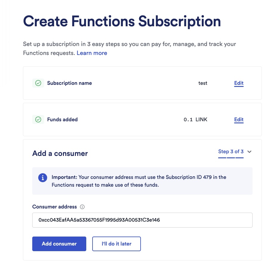 Chainlink Functions subscription add consumer